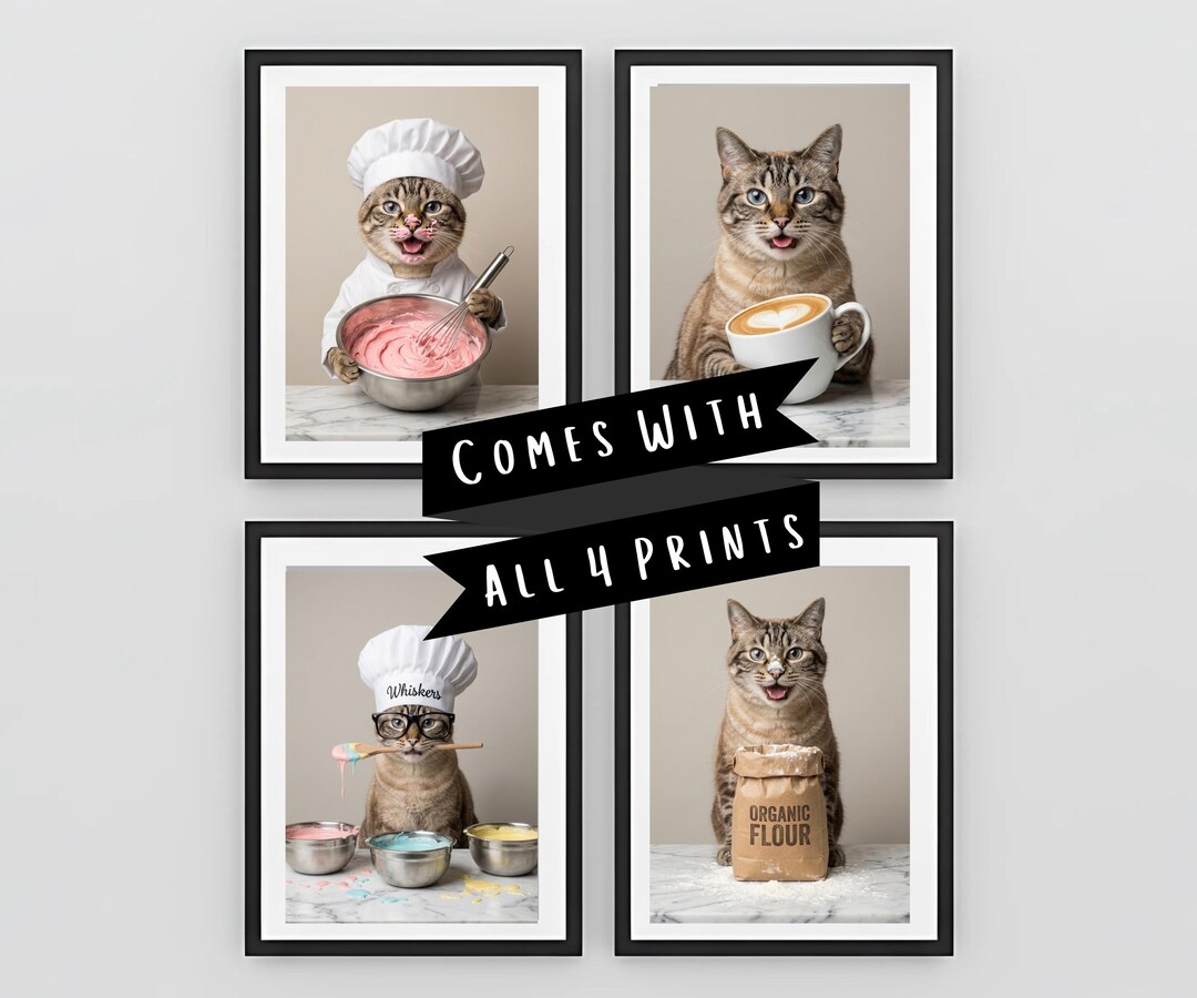 black cat chef art print: boho kitchen cooking poster... Custom Cat Kitchen Portrait Set – Funny Cat Chef Art Prints From Your ...
