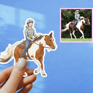 Custom Horse Sticker, Personalized Equestrian Decal, Horseback Riding Gift, Photo to Drawing Horse Rider Sticker, Hand Drawn For Horse Lover