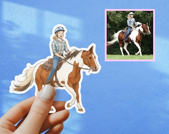 Custom Horse Sticker, Personalized Equestrian Decal, Horseback Riding Gift, Photo to Drawing Horse Rider Sticker, Hand Drawn For Horse Lover