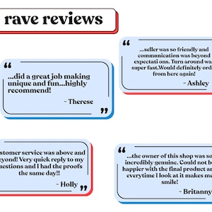 May include: A graphic display titled rave reviews featuring four light blue rectangular speech bubbles with black text. The quotes include testimonials from Therese, Ashley, Holly, and Britanny praising the seller's communication and speed.