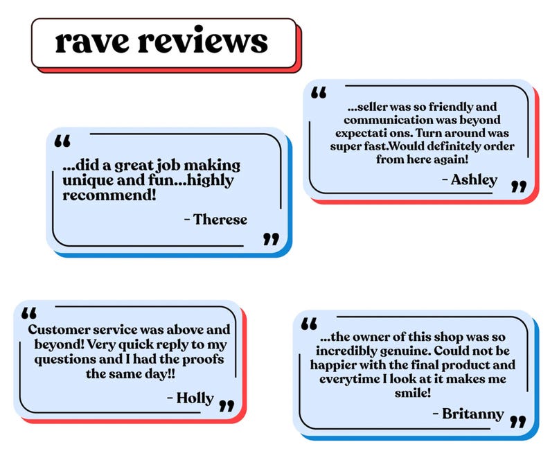 May include: A graphic display titled rave reviews featuring four light blue rectangular speech bubbles with black text. The quotes include testimonials from Therese, Ashley, Holly, and Britanny praising the seller's communication and speed.