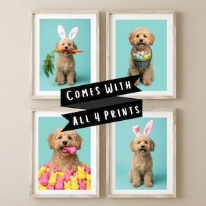 Può includere: Quattro stampe incorniciate con un cane marrone chiaro in pose pasquali. Uno tiene una carota, un altro un cestino di uova, un terzo ha un Peep e l'ultimo indossa orecchie da coniglio. Il testo "COMES WITH ALL 4 PRINTS" è sulle immagini.