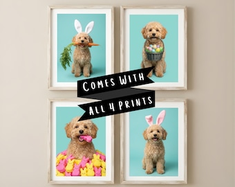 Conjunto de Retratos de Páscoa para Cães – 4 Impressões Personalizadas de Pets como Coelho da Páscoa, com Cesta de Cenoura e Ovos - Download Digital