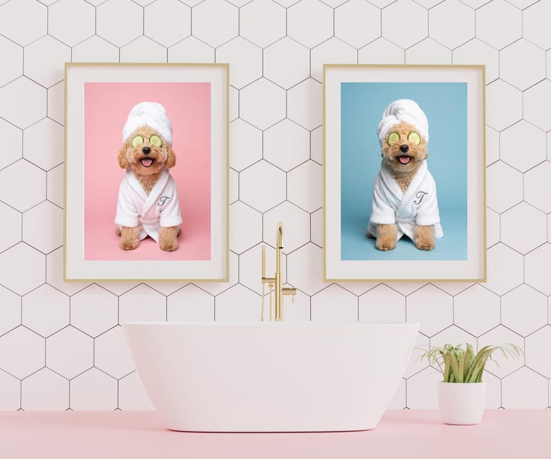 Custom Bathroom Pet Portrait Set of 4 - Funny Pet Wall Art Prints - Your Real Pet Digital Download