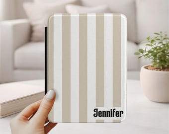 Custom Kindle Case With Name or Initials - Personalized Magnetic Cover With Strap - Colorful Striped Design