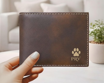 Custom Engraved Wallet For Dog Dad - Faux Leather Bifold Wallet with Name & Paw Print