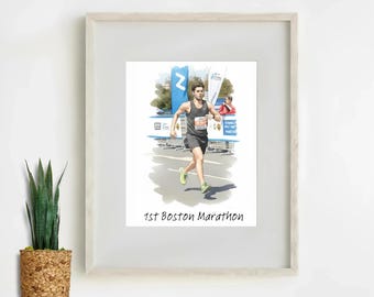 Boston Marathon Gift - Custom Watercolor Portrait - Photo to Drawing Boston Marathon Runner Art - Personalized Hand Drawn Print, Digitized