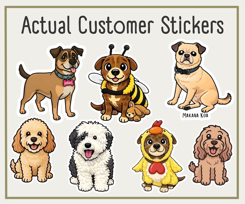 Customer photos of their dog photos turned into cute cartoon stickers