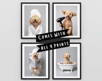 Custom Bathroom Pet Portrait Set of 4 - Funny Pet Wall Art Prints - Your Real Pet Digital Download