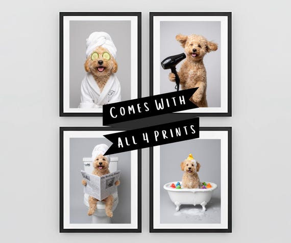 Custom Bathroom Pet Portrait Set of 4 - Funny Pet Wall Art Prints - Your Real Pet Digital Download
