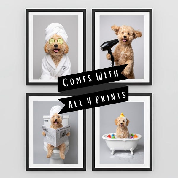 Custom Bathroom Pet Portrait Set of 4 - Funny Pet Wall Art Prints - Your Real Pet Digital Download