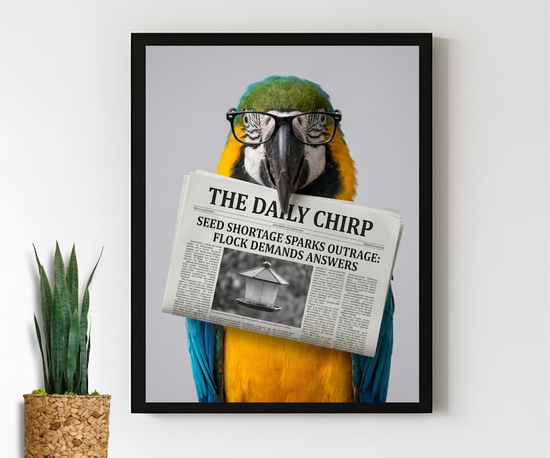 Parrott in glasses with newspaper - - funny  bathroom print