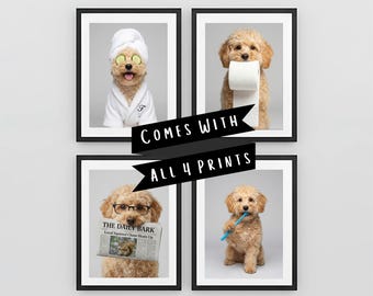 Custom Dog Bathroom Portraits (Set of 4) – Funny Dog Spa Prints - Personalized Bathroom Wall Art - Digital Downloads