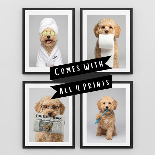 Custom Dog Bathroom Portraits (Set of 4) – Funny Dog Spa Prints - Personalized Bathroom Wall Art - Digital Downloads