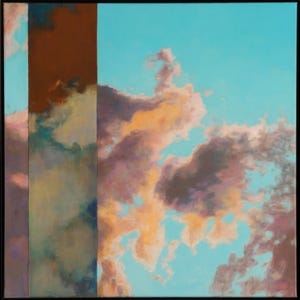 May include: Abstract oil painting featuring a sky scene with clouds. The artwork has a square format and is framed in black. The color palette includes shades of blue, brown, and peach, creating a serene and atmospheric effect.