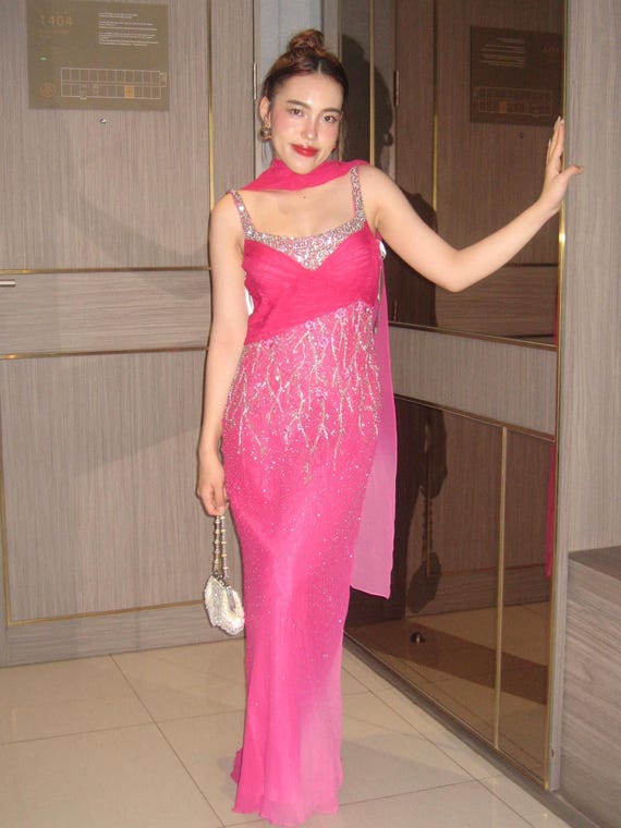 pink 2000s dress Vintage Y2K Dress 2000s Diane Freis Flower Sequins Shocking Pink Ombr Dress