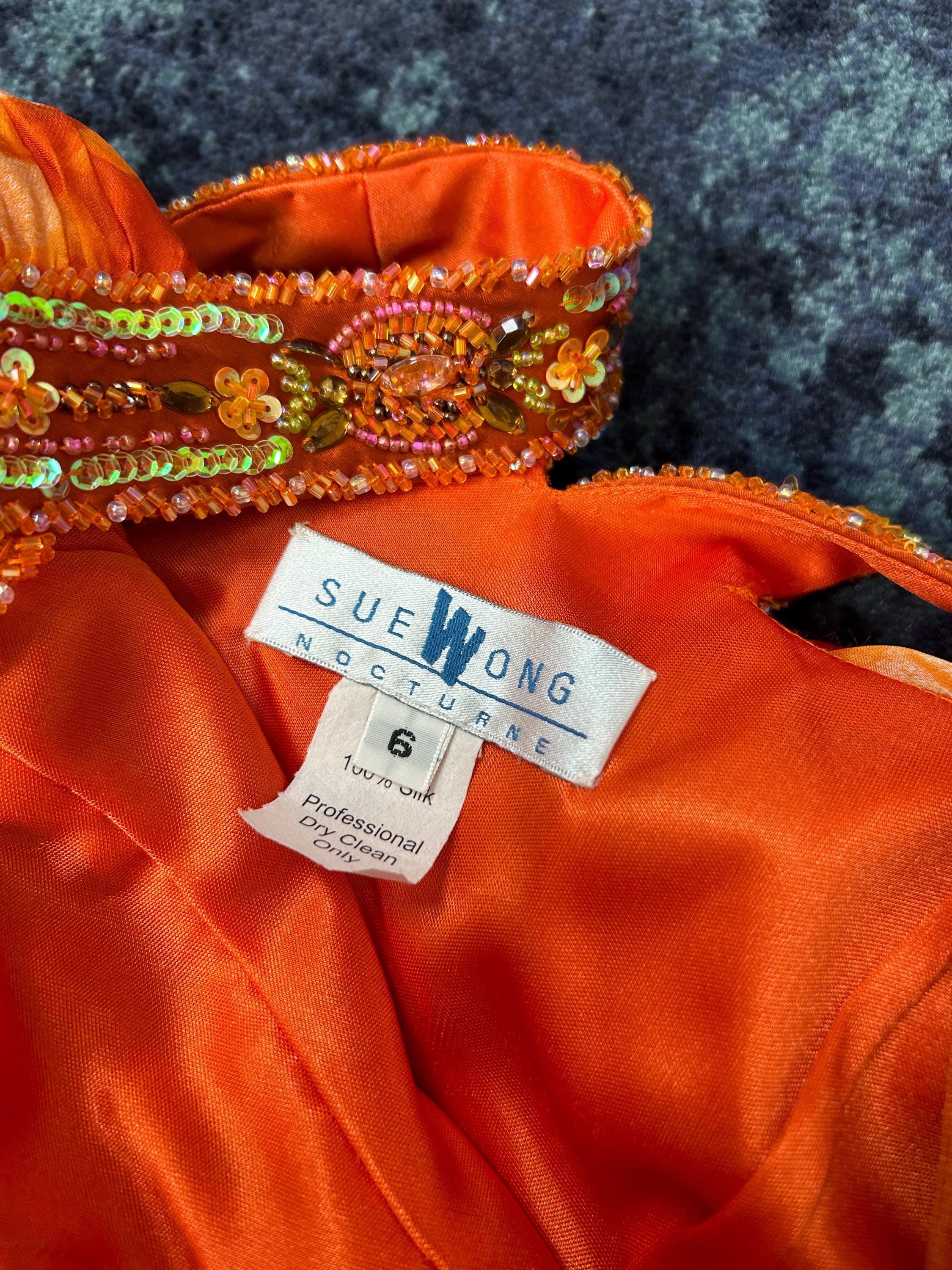 sue wong orange dress Sue Wong Dress Size 12 Silk Floral Y2K 90s Adj. Straps Orange Red Green Lined