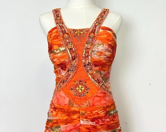 Vintage Suewong orange floral silk beaded dress