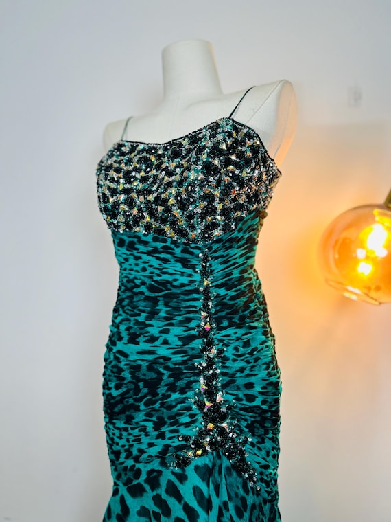 tony bowls beaded dress Rare vintage Paris Turquoise green leopard printed SN:STD15640 Dolls Kill Sexy Goth Size:USA 6 (S)/38 in.(96.5 cm)Garment Chest