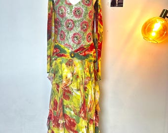 Vintage Yve London sprookjesgroene jurk met bloemenkralen