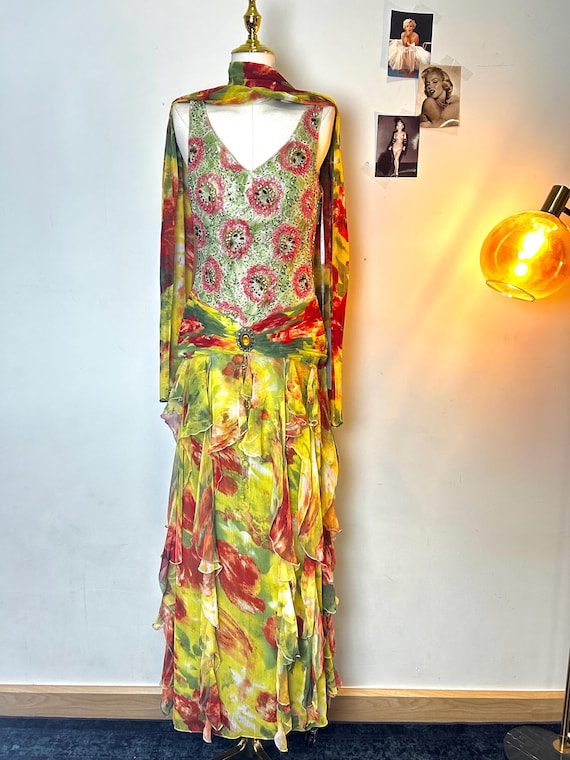 Vintage Yve London fairy green floral beaded dress