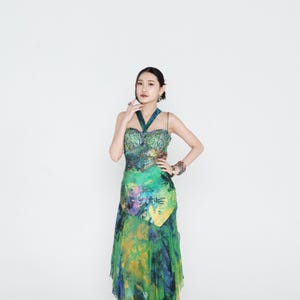 Vintage Y2K dress 2000s Diane freis One of a kind Diane freis green printed beaded dress