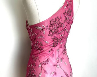 cache pink dress Rare Vintage Cache Pink Ombr Floral Beaded Dress