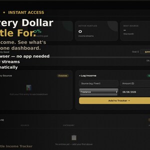 Könnte beinhalten: Ein digitales Hustle Board Einkommenstracker-Dashboard mit dunkler Benutzeroberfläche. Der Text lautet: Track Every Dollar You Hustle For. Set goals. Log income. See what's working — all in one dashboard. Works in any browser, unlimited income streams, data saves automatically.
