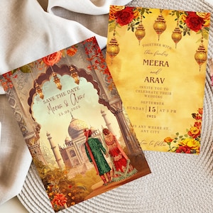 Może przedstawiać: Dwa zaproszenia ślubne w indyjskim stylu. Jedna karta mówi "Save the Date" z imionami Meera & Avar i datą 15.09.2025. Druga karta mówi "Razem z ich rodzinami Meera i Arav zapraszają na uroczystość ślubną."