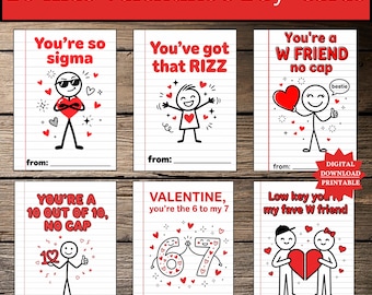 Kids Valentine’s Day Cards, Gen Alpha Slang Valentines, Funny School Exchange Set of 20, Printable Classroom Cards, Digital Download, Teens