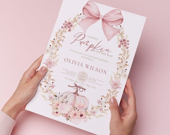 Coquette Pink Bow Pumpkin Baby Shower Invitation Template 5x7 Editable Canva Instant Download