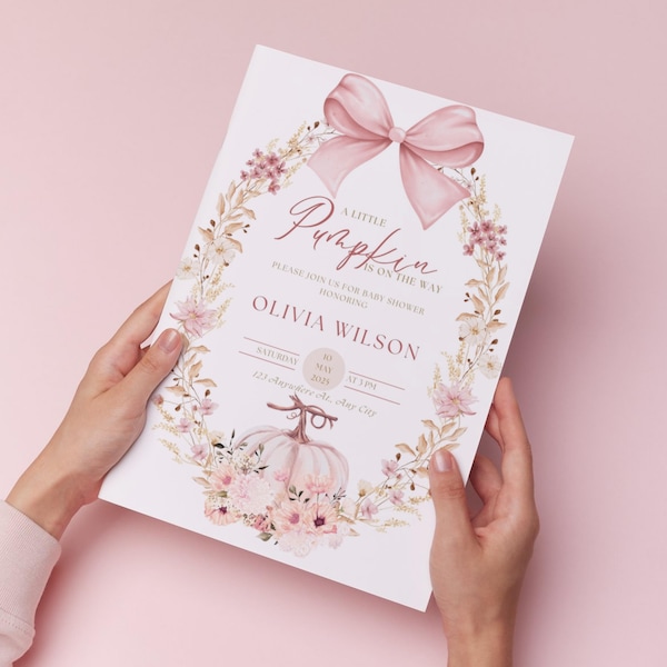 Plantilla de invitación para baby shower con calabaza y lazo rosa, 5x7, editable, Canva, descarga instantánea