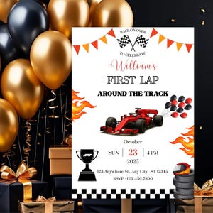 May include: A racing-themed invitation with a red race car illustration, checkered flags, and the text "William's First Lap Around the Track." The invitation includes event details and is decorated with balloons and flames.