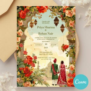 May include: Wedding invitation featuring the names Priya Sharma and Rohan Nair, with event details for September 10, 2025. The design includes floral elements, ornate lanterns, and an illustration of a couple in traditional attire.