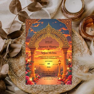 May include: An invitation card with an ornate arch design, featuring the names "Ananya Sharma & Arjun Mehta" and event details. The card has a sunset backdrop with floral and lantern accents, and the date is September 09, 2026.