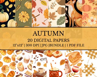 Könnte beinhalten: Eine Sammlung von 20 digitalen Papieren mit Herbstmotiven. Die Papiere zeigen Kürbisse, Sonnenblumen, Blätter, Eicheln und einen Fuchs. Der Text "AUTUMN" und Produktdetails sind auf einem gelben Banner zu sehen. Jedes Papier misst 30,48 cm x 30,48 cm.