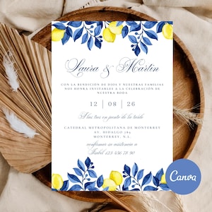 May include: A wedding invitation with a watercolor design featuring lemons and blue leaves. The invitation includes the names "Laura & Martin", the date "12 | 08 | 26", and other event details. The Canva logo is visible in the bottom right corner.