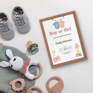Modèle d'Invitation révélateur de sexe modifiable, invitation baby shower garçon ou fille, carte toile lui ou elle, téléchargement numérique thème licorne pastel