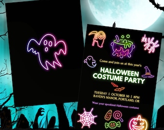 Könnte beinhalten: Zwei schwarze Halloween-Party-Einladungen mit Neon-Illustrationen. Eine zeigt einen Geist, die andere Party-Details: "HALLOWEEN COSTUME PARTY" am 30. Oktober in Raven's Manor, Portland, OR. Enthält einen Mond und gruselige Grafiken.