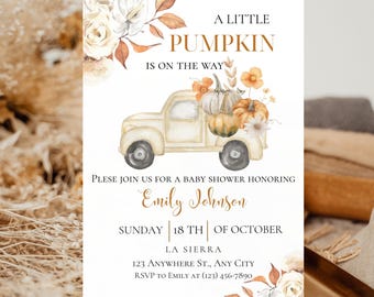 May include: Baby shower invitation with a watercolor design. The invitation features a cream-colored truck carrying pumpkins and flowers. Text includes "A Little Pumpkin is on the Way" and event details for Emily Johnson.