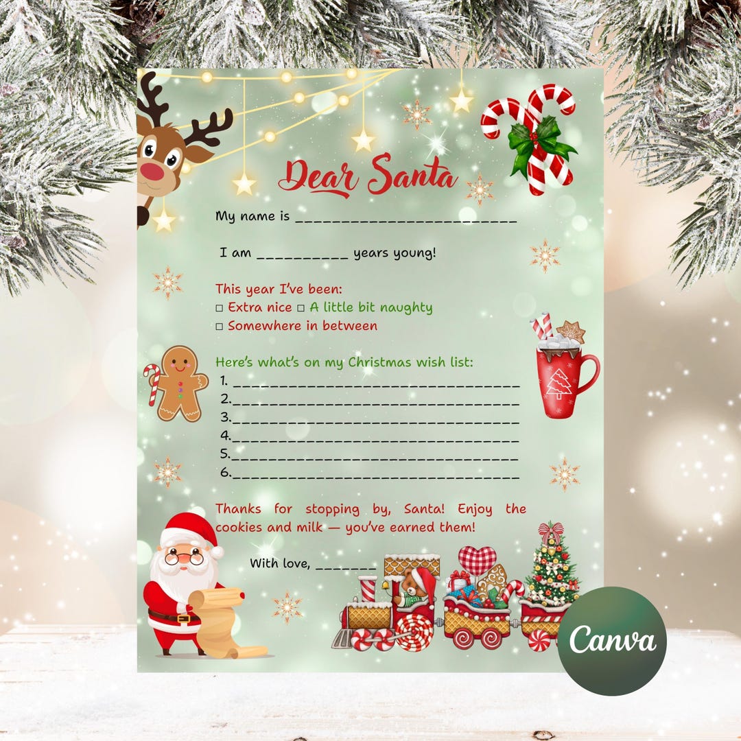 Letter to Santa Printable Template, Kids Christmas Wish List, Holiday ...