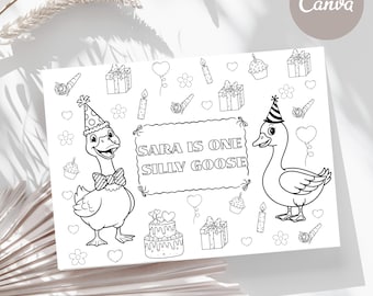 May include: Black and white birthday card illustration featuring two geese in party hats. The text "SARA IS ONE SILLY GOOSE" is central, with drawings of gifts, cupcakes, and candles surrounding it.