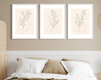Botanical Line Drawing Wall Art Print Set beige minimalist 3 prints PDF Instant Download