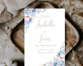 Wedding Invitation Template Dusty Blue Floral 5x7 Canva Editable Printable PDF Digital Download