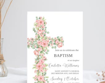 Girl Baptism Invitation Template dusty pink floral cross 5x7 Editable Canva Instant Download