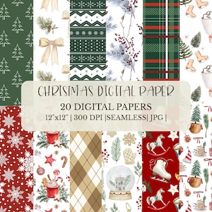 Christmas Digital Paper Pack, Seamless Holiday Patterns, Red Green Winter Scrapbook Backgrounds