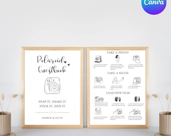 May include: Two framed prints with a light wood border. The left print says "Polaroid Guestbook" with instructions to "Snap it, shake it, stick it, sign it." The right print has photo and selfie instructions.