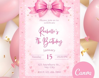 Pink Bow Birthday Invitation, Girl Pink Birthday Invite, Coquette Ribbon Party Card, 7th Birthday Celebration, Editable Canva Template 5x7