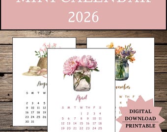 2026 aquarel minikalender, bloemenmarkt, botanisch afdrukbaar, 5 x 7 bureaukalender, digitale download, leuke esthetische decorprint, bureauset