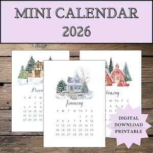 Può includere: Un mini calendario per il 2026 con illustrazioni ad acquerello di scene invernali. Il calendario include i mesi di dicembre, gennaio e febbraio. Le parole "MINI CALENDAR 2026" sono in alto. È disponibile anche un download digitale stampabile.
